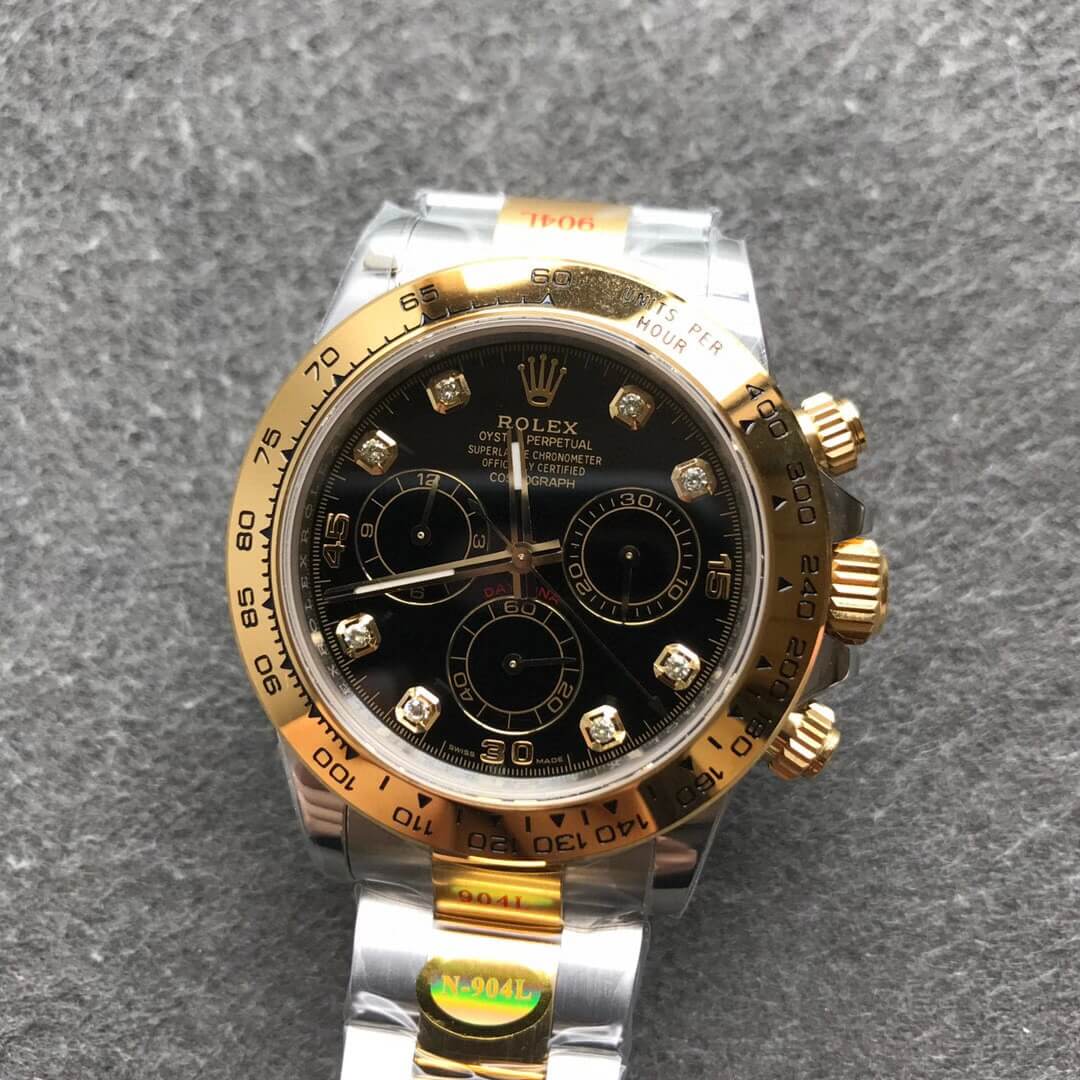 Noob Rolex Daytona 116503 Yellow Gold Case Steel and Gold Two Tone Bracelet Diamonds Marks Black Dial SA4130 V3 09