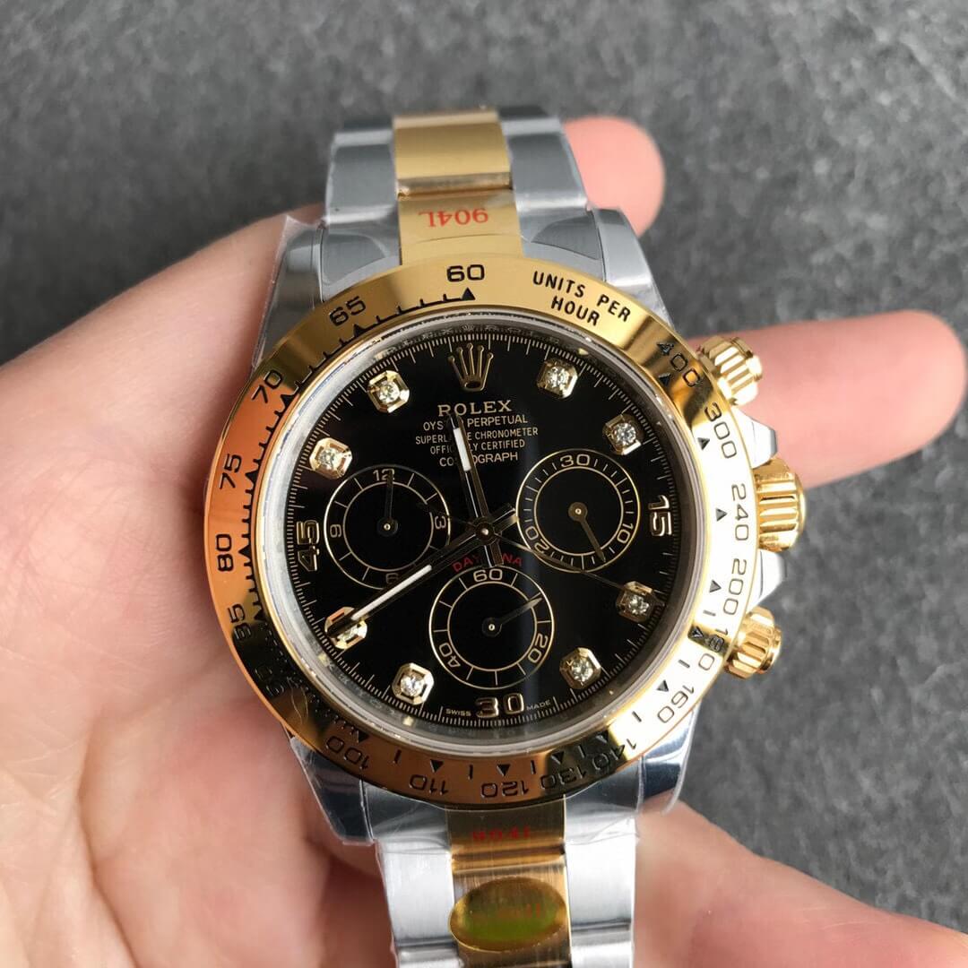 Noob Rolex Daytona 116503 Yellow Gold Case Steel and Gold Two Tone Bracelet Diamonds Marks Black Dial SA4130 V3 0q