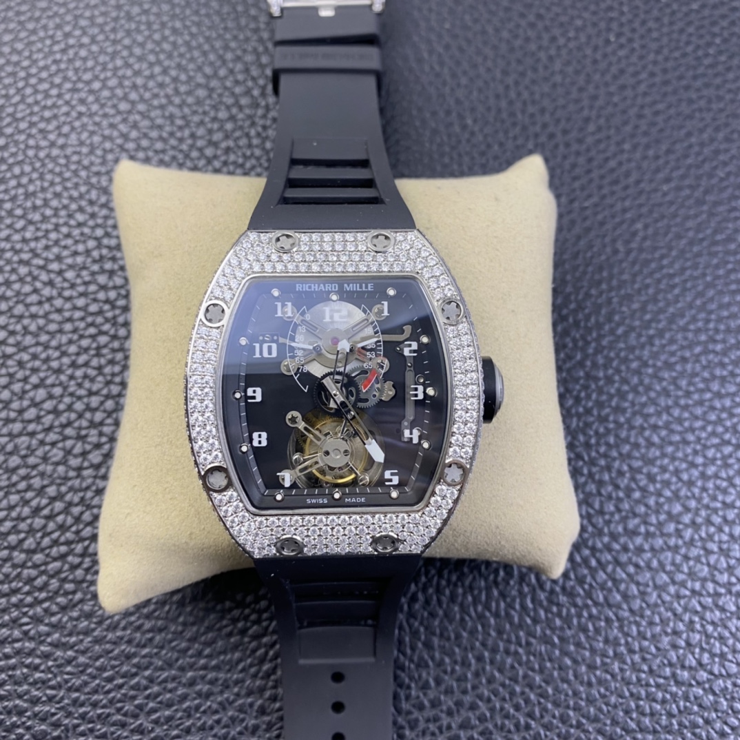 JBF RM001 Real Tourbillon Function Diamonds Case Black Dial on Black Leather Strap Top RepTime 01