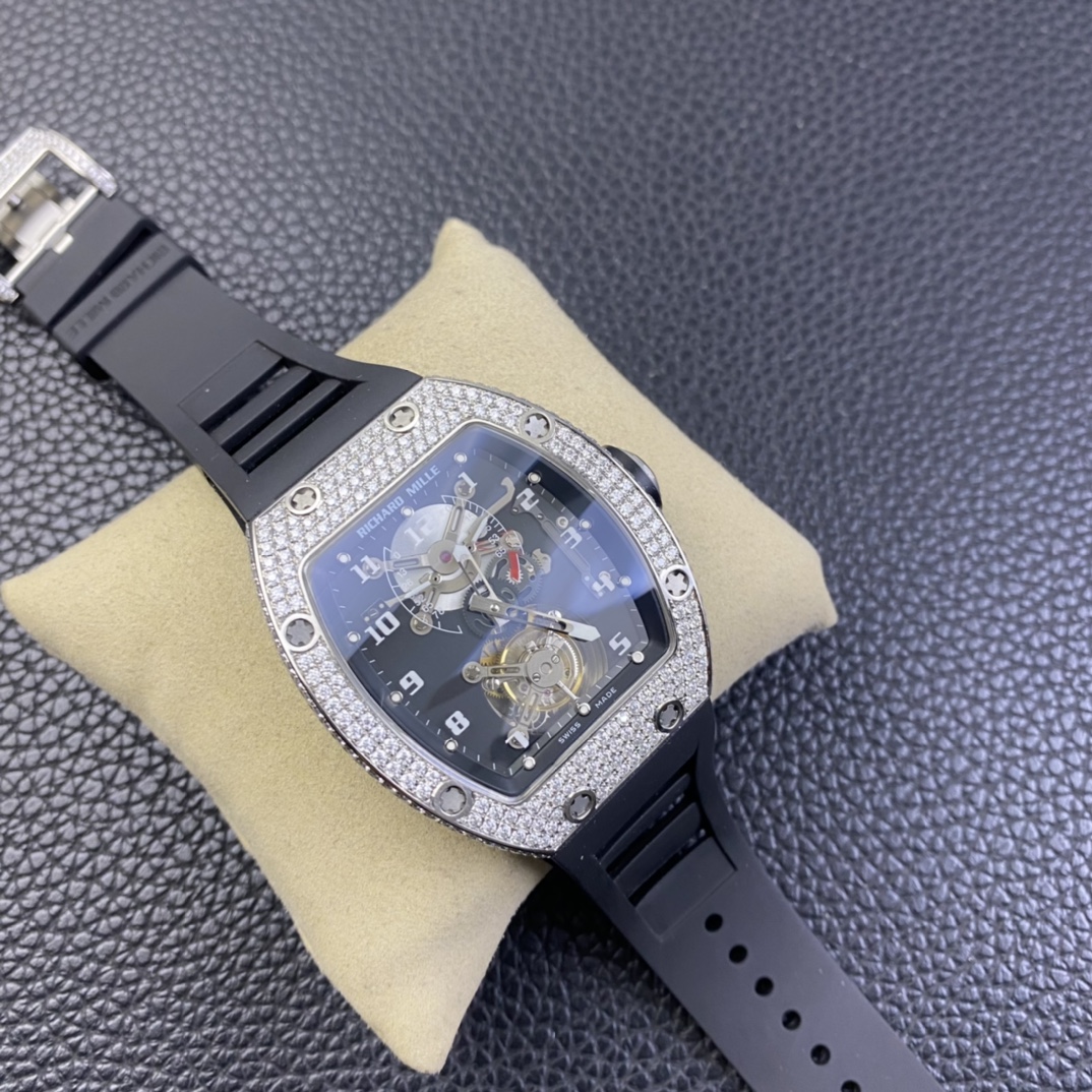 JBF RM001 Real Tourbillon Function Diamonds Case Black Dial on Black Leather Strap Top RepTime 02