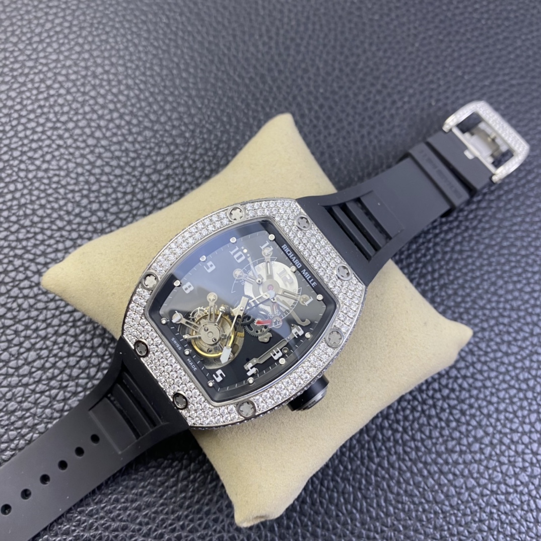 JBF RM001 Real Tourbillon Function Diamonds Case Black Dial on Black Leather Strap Top RepTime 03