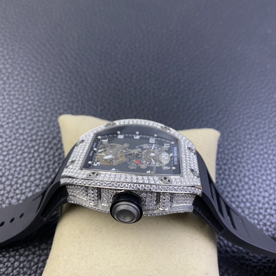 JBF RM001 Real Tourbillon Function Diamonds Case Black Dial on Black Leather Strap Top RepTime 05