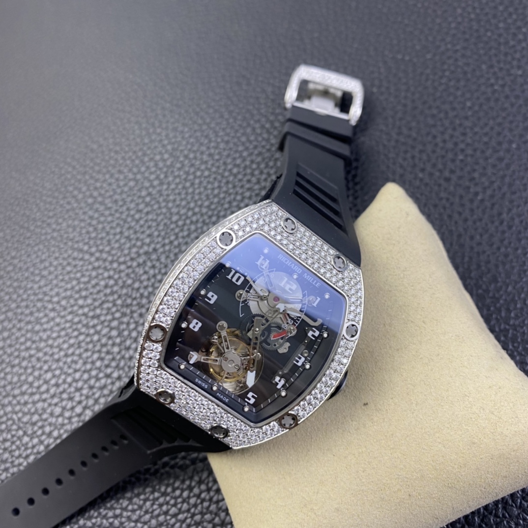 JBF RM001 Real Tourbillon Function Diamonds Case Black Dial on Black Leather Strap Top RepTime 06