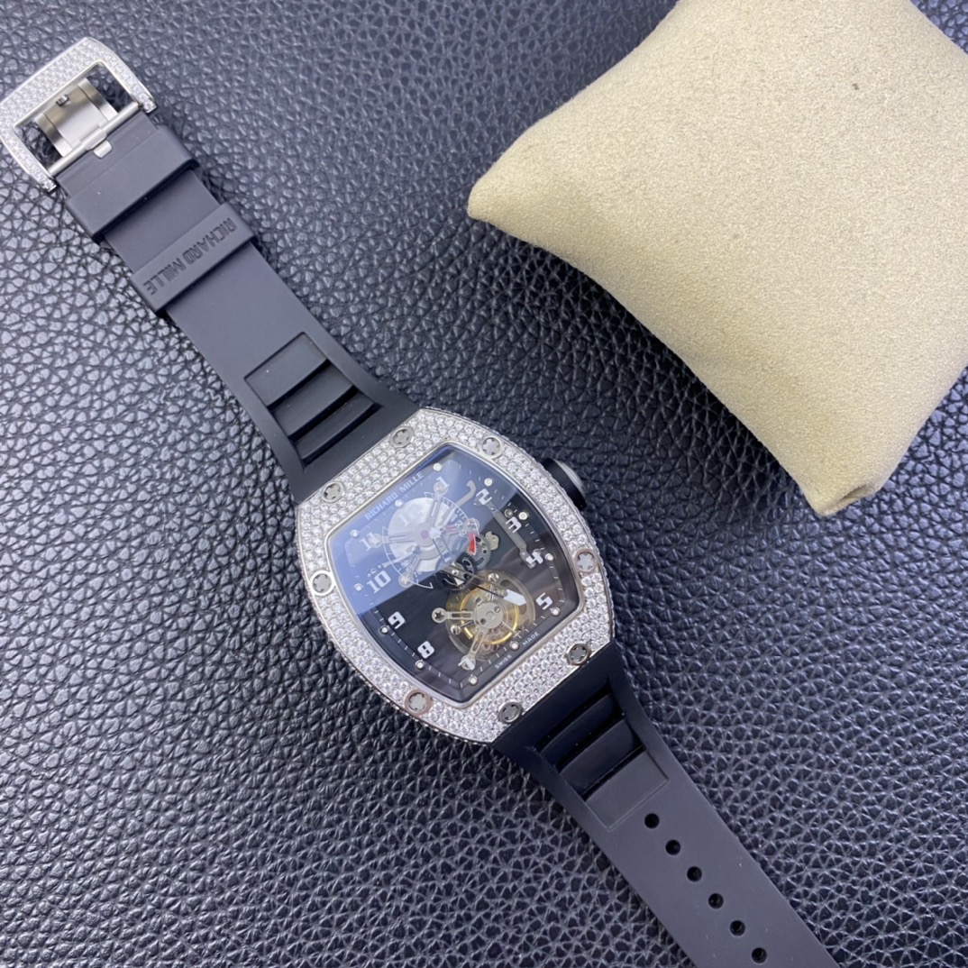 JBF RM001 Real Tourbillon Function Diamonds Case Black Dial on Black Leather Strap Top RepTime 07