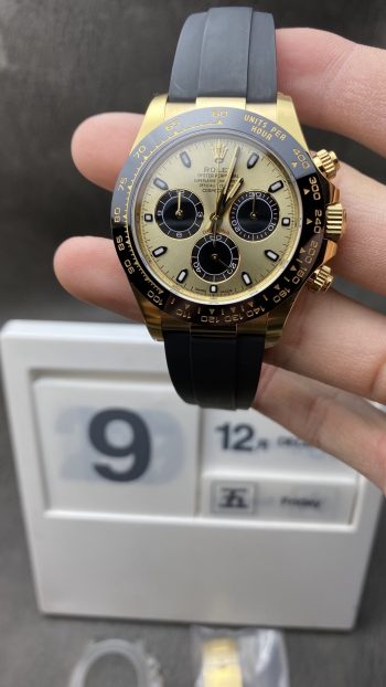 China Clean Factory Daytona 116518 SuperCloen Watch Yellow Gold Case Yellow Dial Black Sub Dial on Oysterflex Rubber Strap SA4130 V2