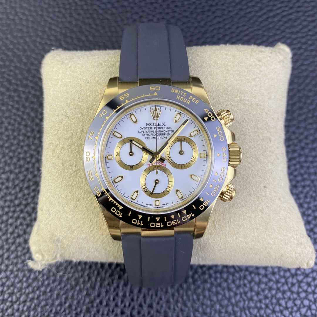 China Clean Factory Watch Daytona 116518 Yellow Gold Case White Dial Black Ceramic Bezel Black Oysterflex Rubber Strap SA4130 01