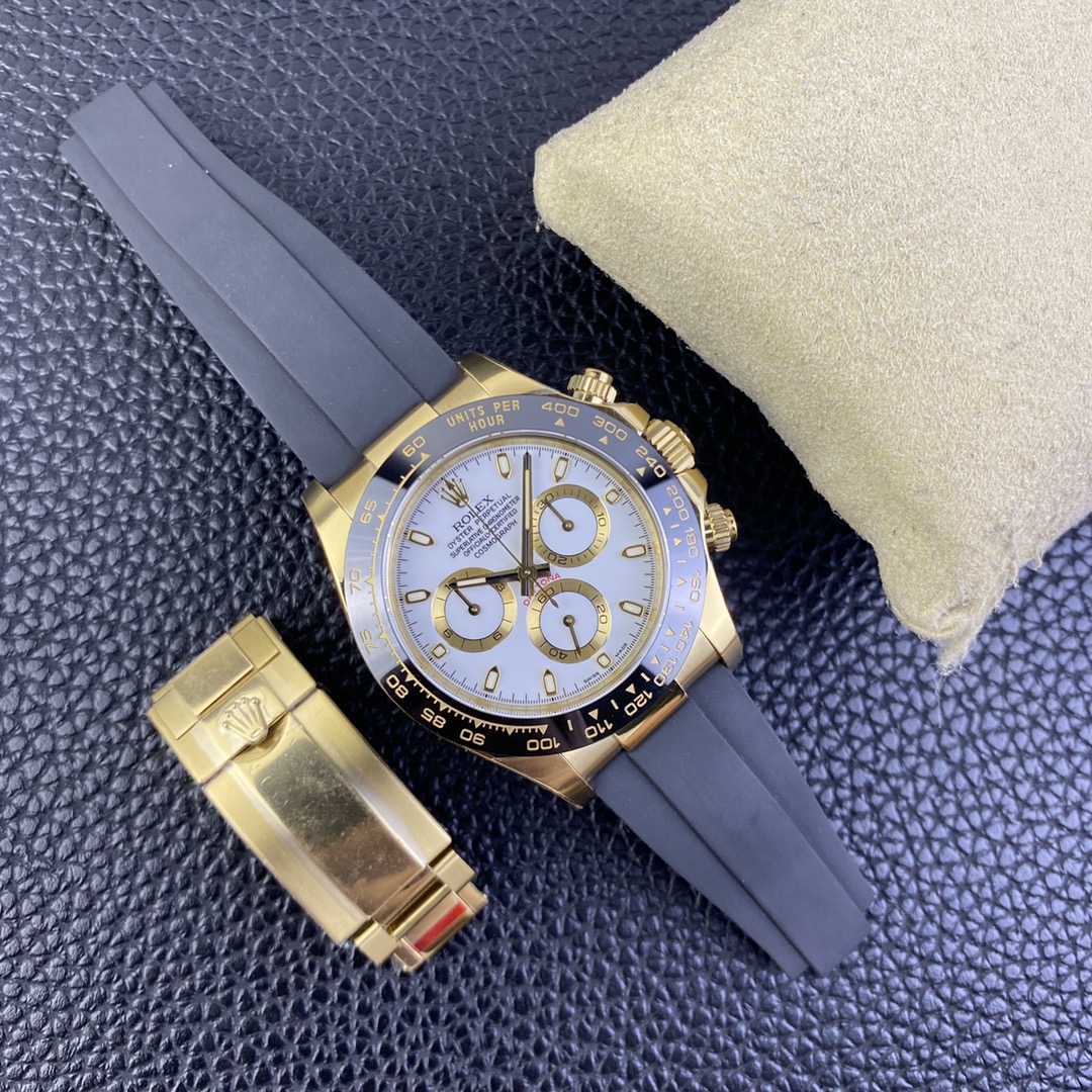 China Clean Factory Watch Daytona 116518 Yellow Gold Case White Dial Black Ceramic Bezel Black Oysterflex Rubber Strap SA4130 09