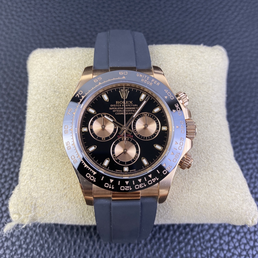 Clean Factory Daytona 116515 Best Quality Black Dial Rose Gold Sub Dial on Oysterflex Rubber Strap SA4130 01