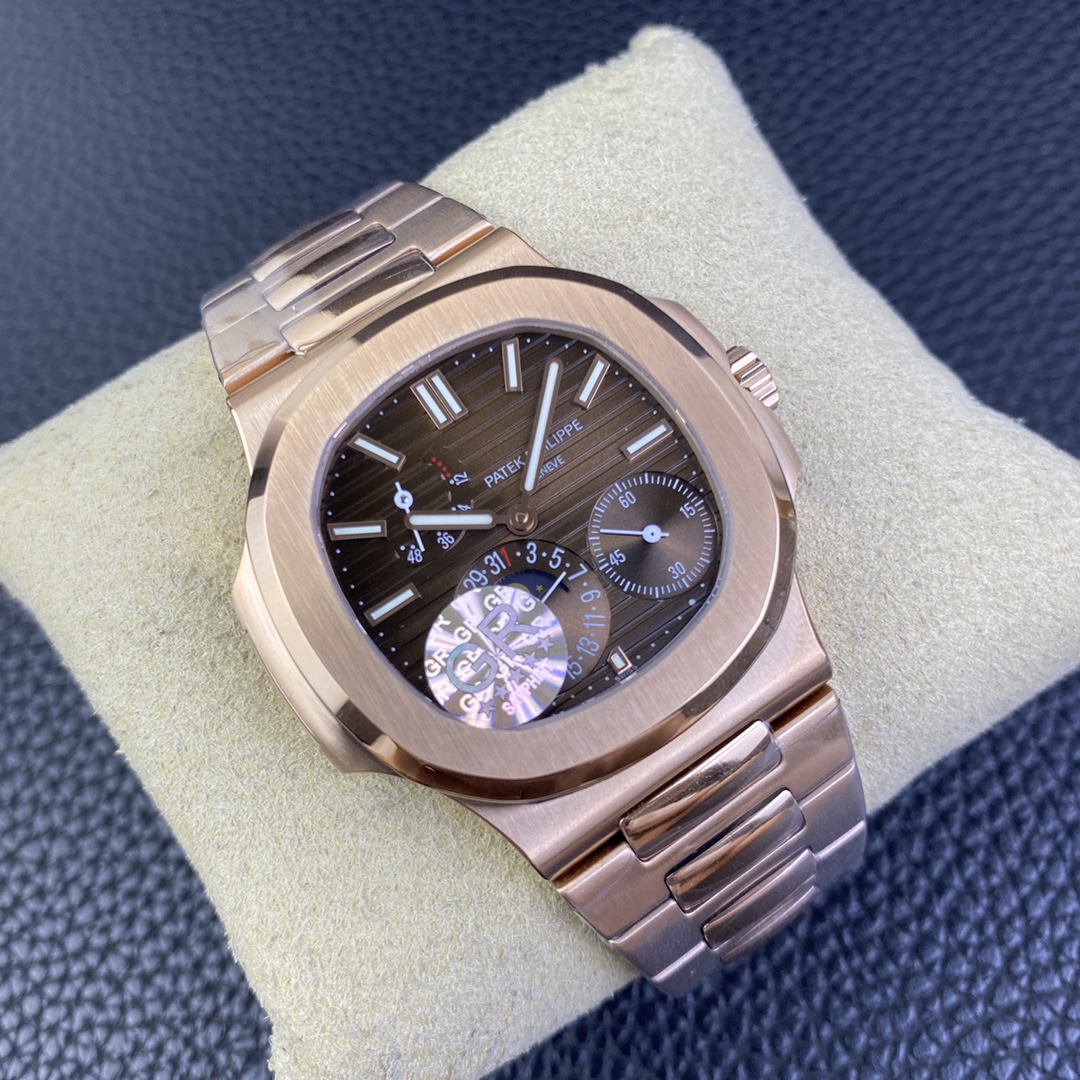 GRF Nautilus 5712 Rose Gold Case Bracelet Brown Dial Real Power Reserve Moon Phase Display A240 Top Clone Watch 02