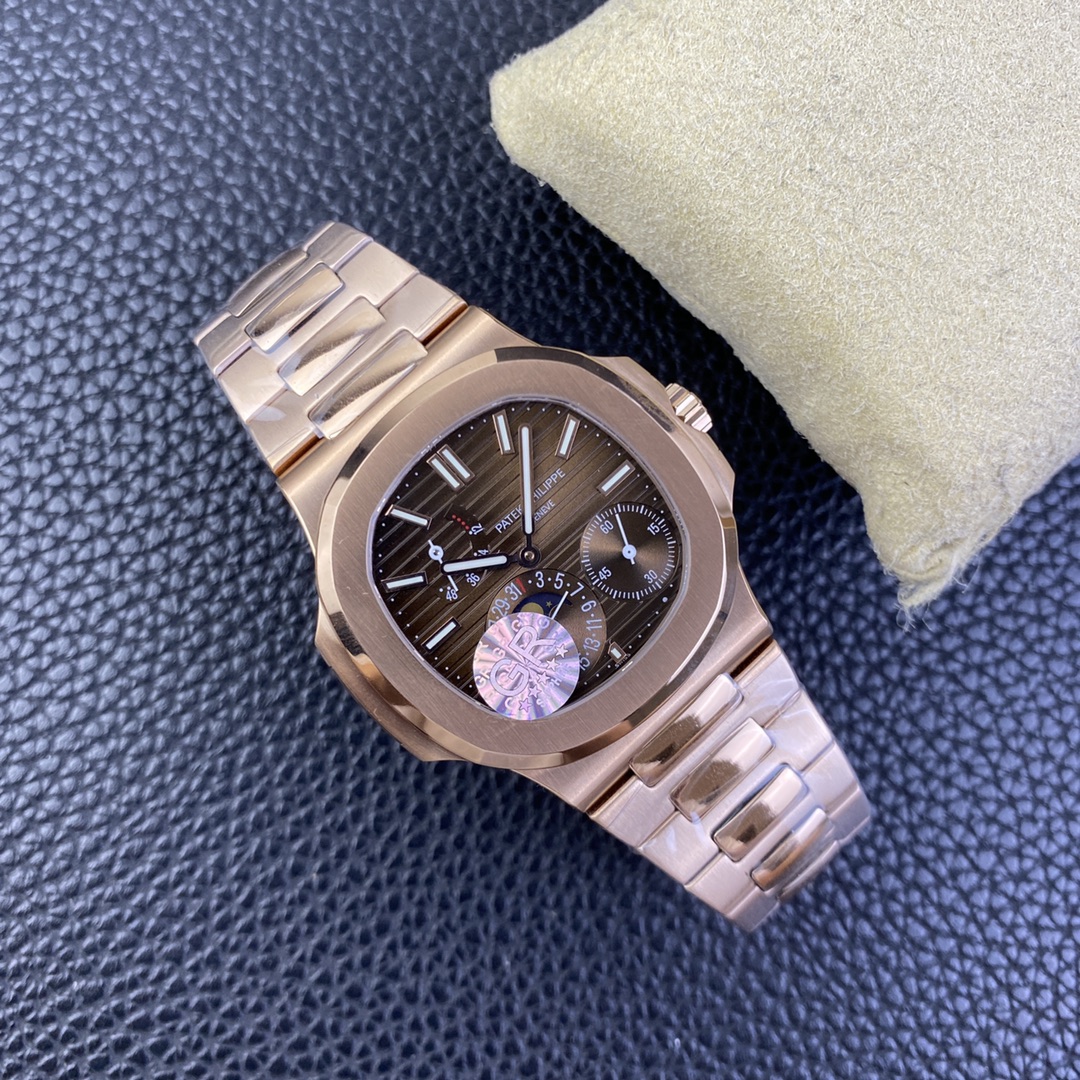GRF Nautilus 5712 Rose Gold Case Bracelet Brown Dial Real Power Reserve Moon Phase Display A240 Top Clone Watch 08