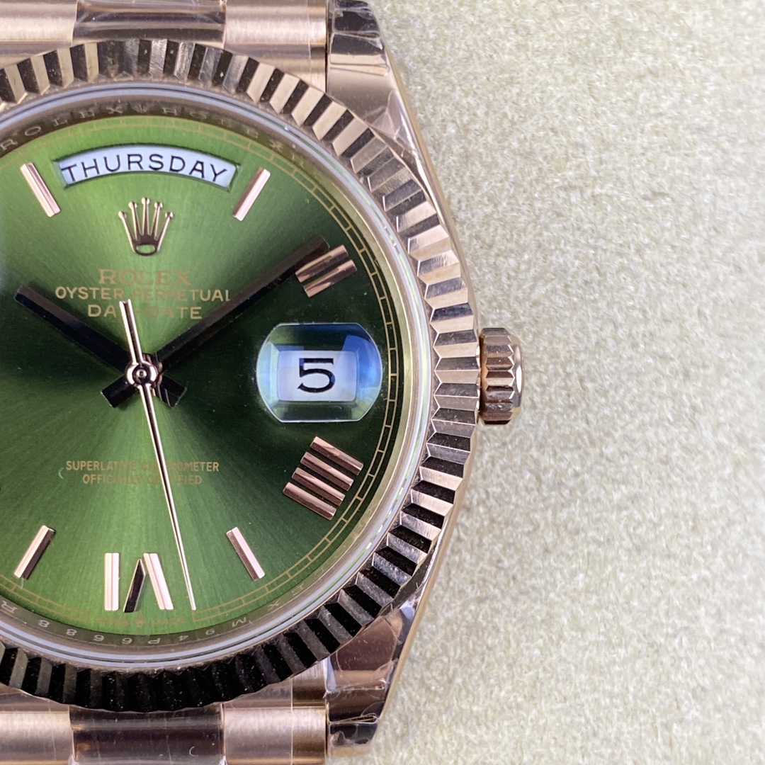 GSF Day Date 228235 40mm Weight Same as Genuine Rose Gold 904L Steel Green Dial Roman Markers on President Bracelet 3255 Movement 09