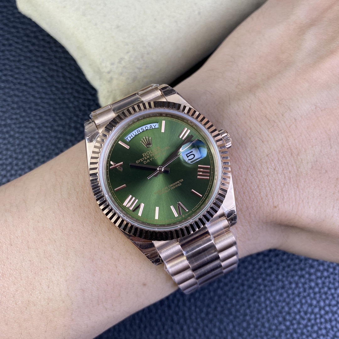 GSF Day Date 228235 40mm Weight Same as Genuine Rose Gold 904L Steel Green Dial Roman Markers on President Bracelet 3255 Movement 10