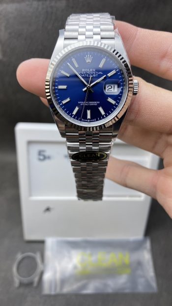 Clean Factory Watch CF Rolex DateJust 36mm 126234 904L Steel Blue Dial with Stick Markers on Jubilee Bracelet VR3235 Movement