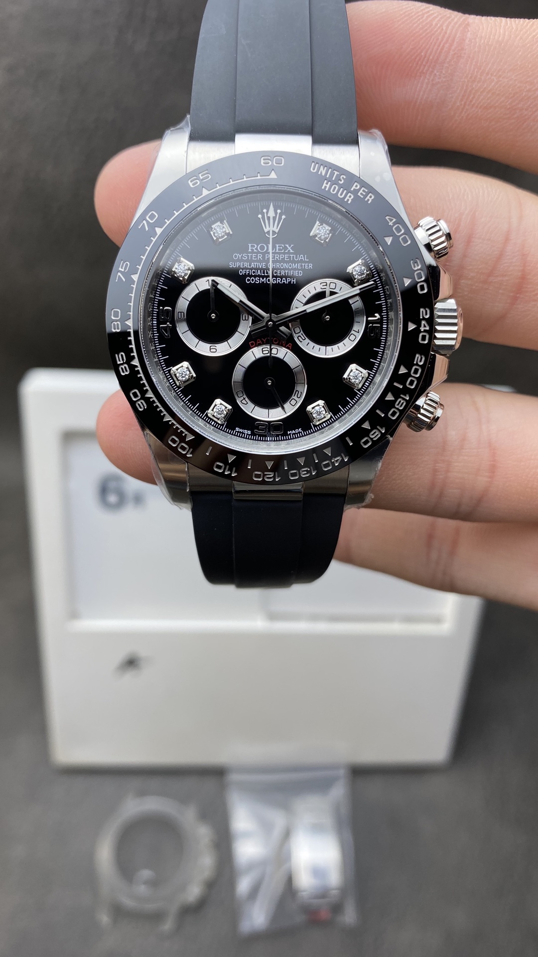 Clean Factory Daytoan 116519LN Black Diamond Set Dial Super Clone Swiss 4130 Movement Black Rubber Strap Clean Factory Daytoan 116519LN Black Diamond Set Dial Super Clone Swiss 4130 Movement Black Rubber Strap