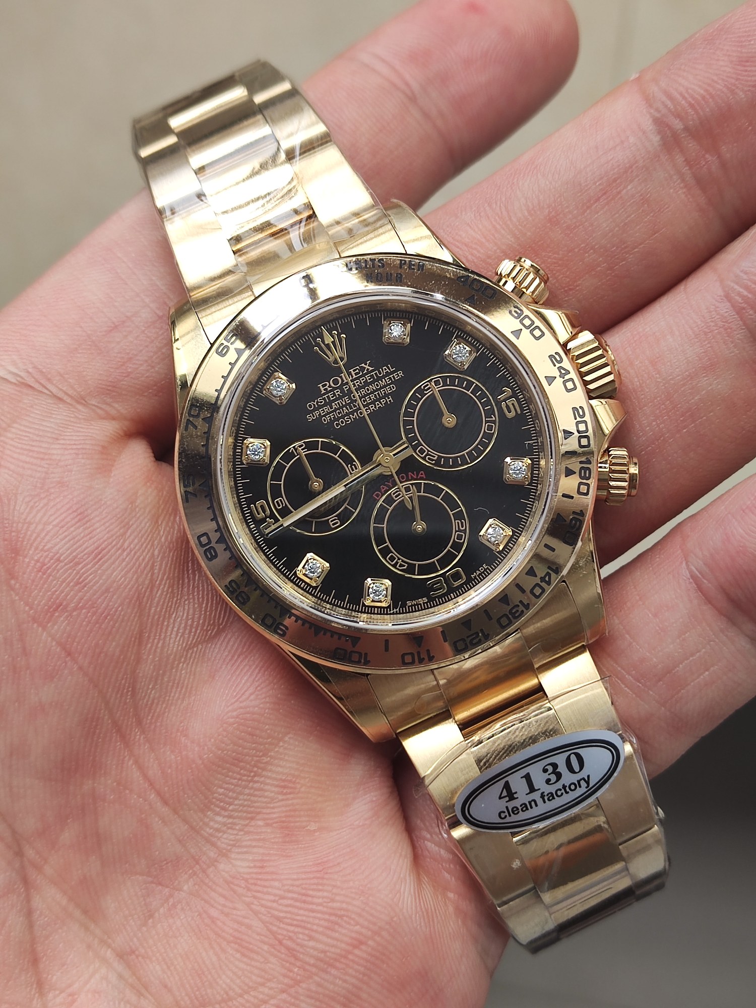 Clena Factory Rolex Daytona 116508 Yellow Gold Case Bracelet DD4130 Movement Black Dial Diamond Markers 04 Clena Factory Rolex Daytona 116508 Yellow Gold Case Bracelet DD4130 Movement Black Dial Diamond Markers 04