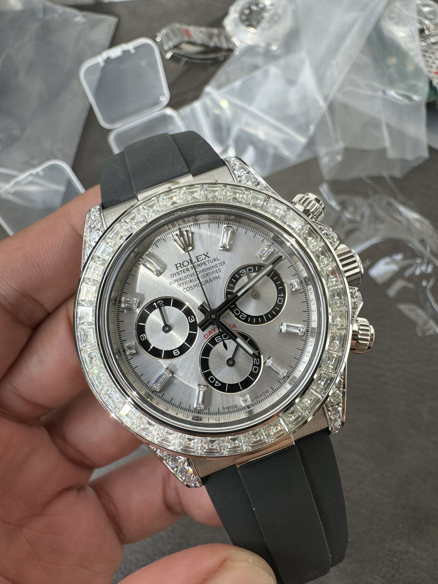 Clean Factory Rolex Daytona 126539TBR Diamonds Bezel Silver Dial with Diamonds Markers ShangHai 4131 Caliber 03 Clean Factory Rolex Daytona 126539TBR Diamonds Bezel Silver Dial with Diamonds Markers ShangHai 4131 Caliber 03