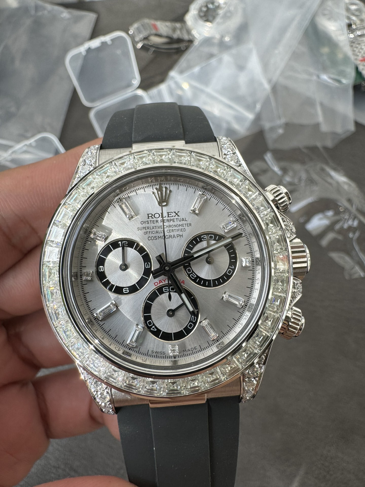 Clean Factory Rolex Daytona 126539TBR Diamonds Bezel Silver Dial with Diamonds Markers ShangHai 4131 Caliber 04 Clean Factory Rolex Daytona 126539TBR Diamonds Bezel Silver Dial with Diamonds Markers ShangHai 4131 Caliber 04