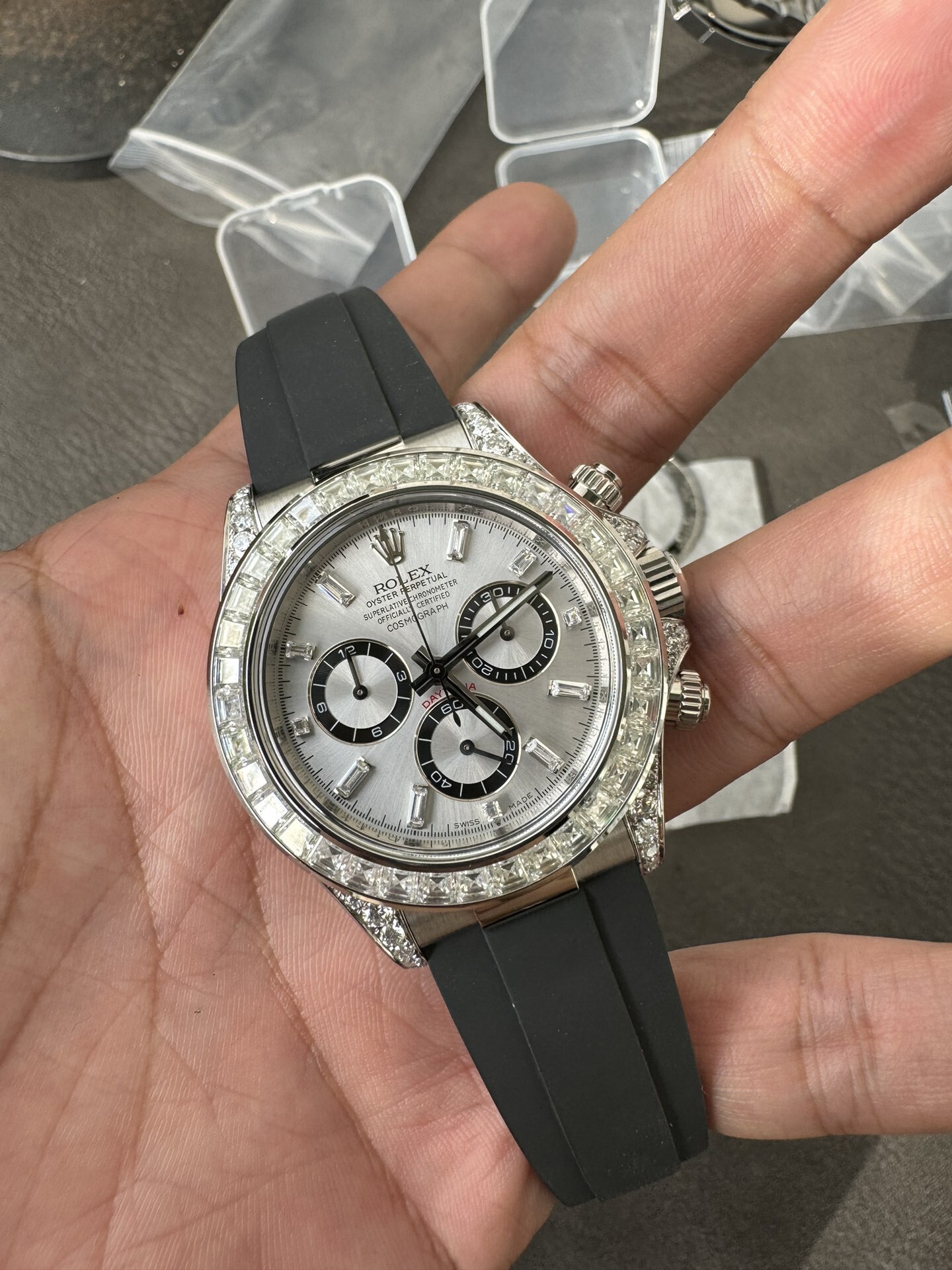 Clean Factory Rolex Daytona 126539TBR Diamonds Bezel Silver Dial with Diamonds Markers ShangHai 4131 Caliber 05 Clean Factory Rolex Daytona 126539TBR Diamonds Bezel Silver Dial with Diamonds Markers ShangHai 4131 Caliber 05