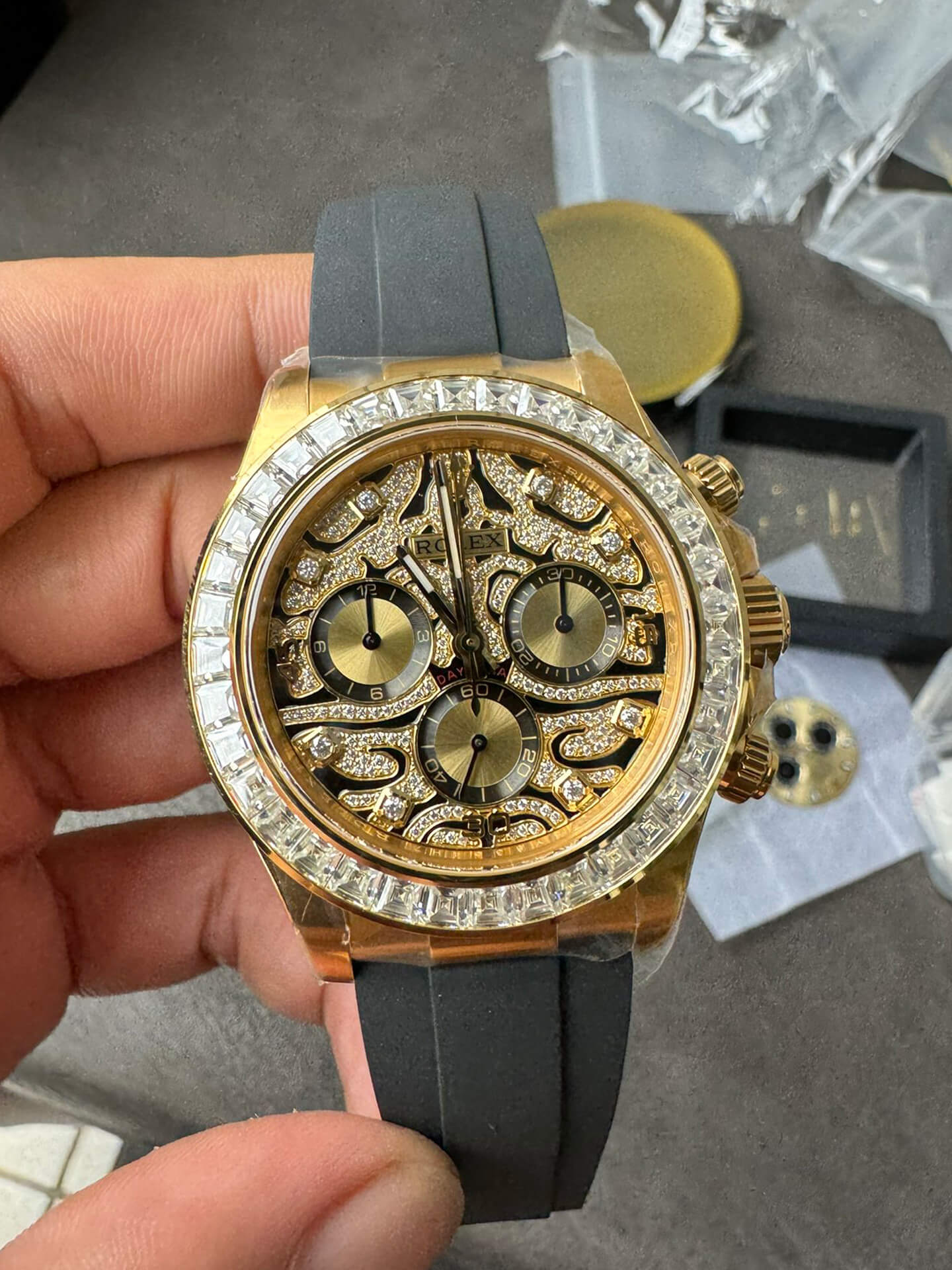 Clean Factory Rolex Daytona Eye Of The Tiger 116588TBR Wrapped 18K Yellow Gold Diamonds Dial Bezel DD4130 Movement 000 Clean Factory Rolex Daytona Eye Of The Tiger 116588TBR Wrapped 18K Yellow Gold Diamonds Dial Bezel DD4130 Movement 000