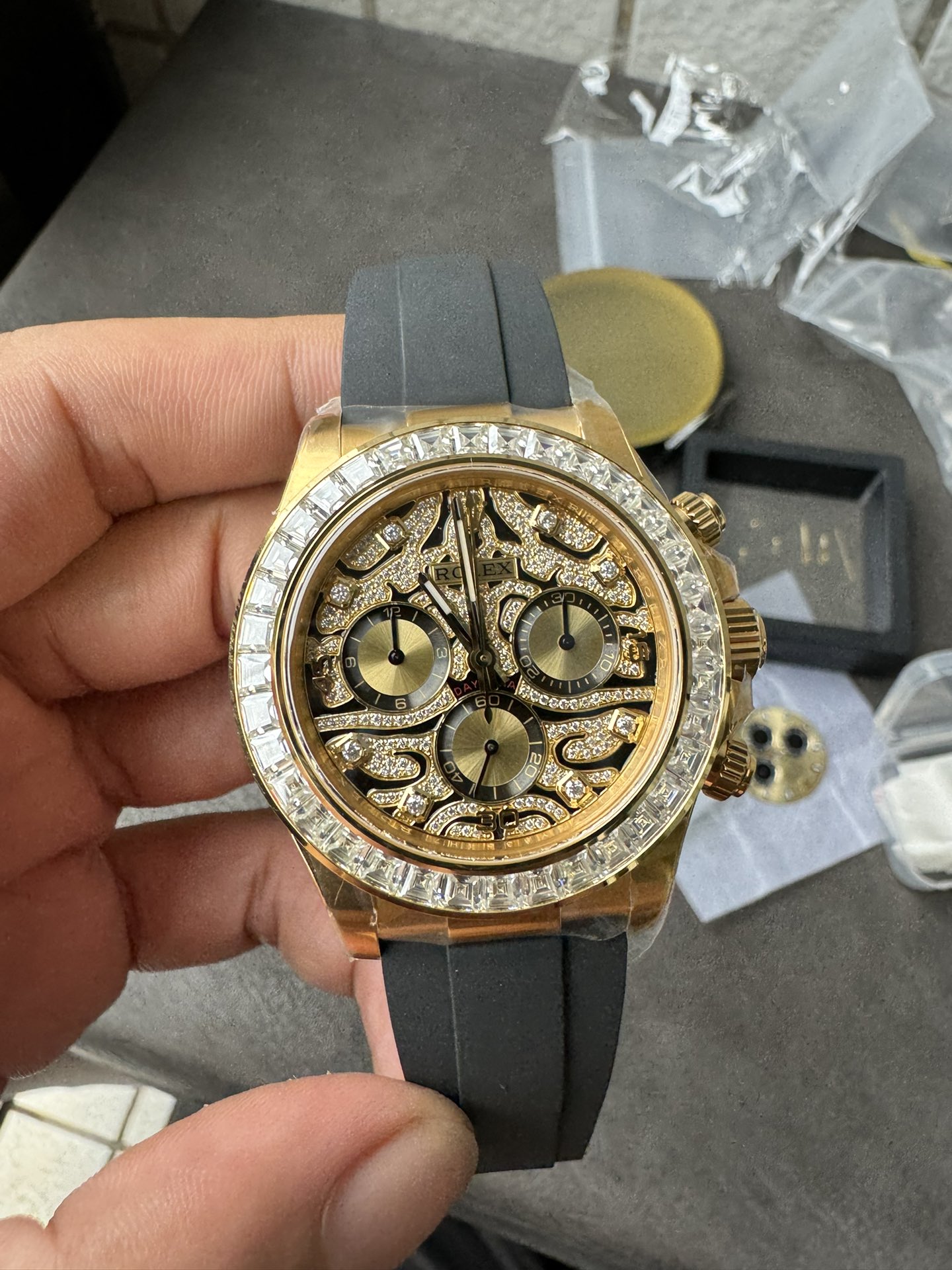 Clean Factory Rolex Daytona Eye Of The Tiger 116588TBR Wrapped 18K Yellow Gold Diamonds Dial Bezel DD4130 Movement 02 Clean Factory Rolex Daytona Eye Of The Tiger 116588TBR Wrapped 18K Yellow Gold Diamonds Dial Bezel DD4130 Movement 02