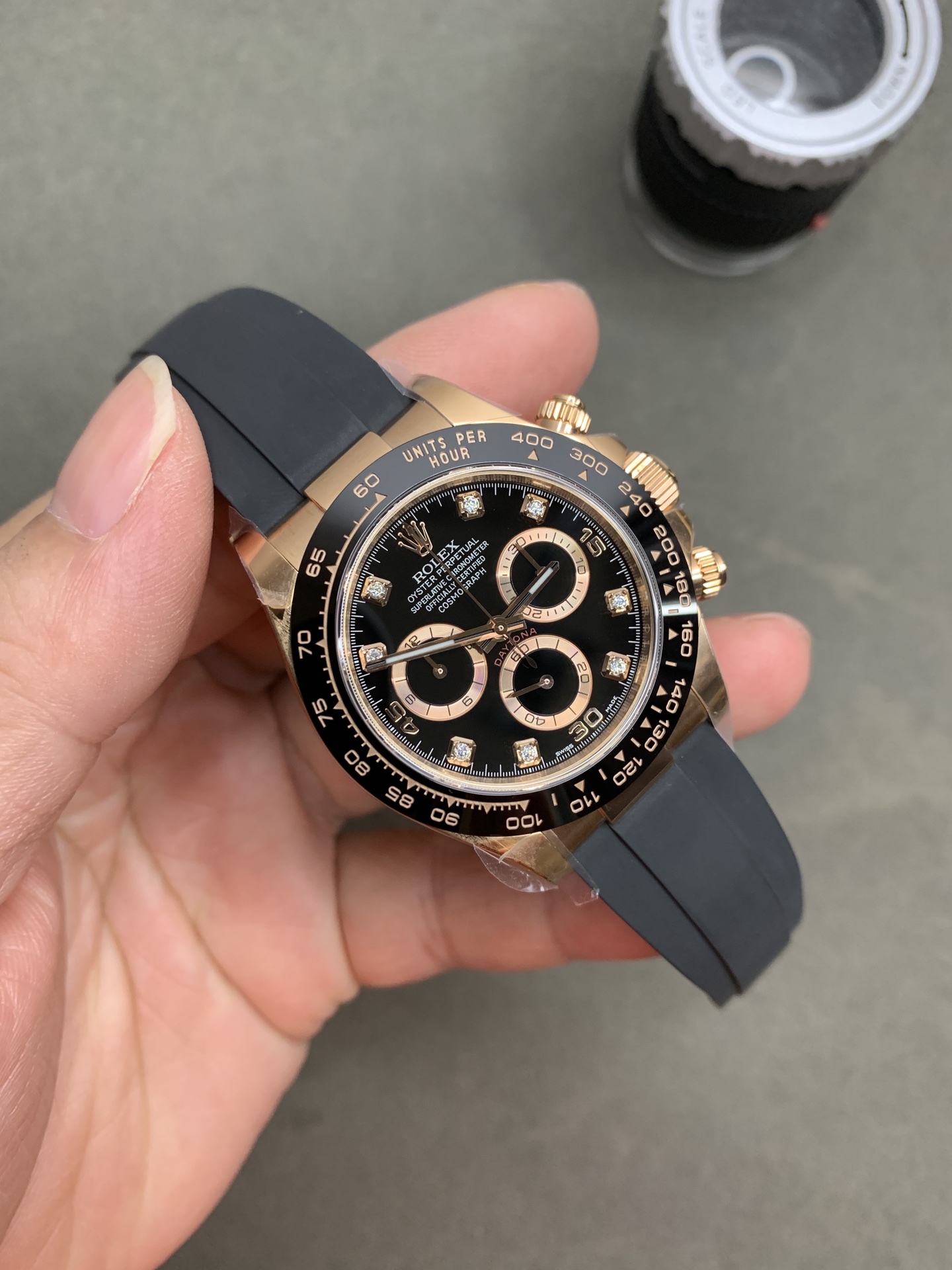 CF Daytona 116515 Rose Gold Case Black Dial with Diamonds Markers on Oysterflex Strap DanDong 4130 Movement 02 CF Daytona 116515 Rose Gold Case Black Dial with Diamonds Markers on Oysterflex Strap DanDong 4130 Movement 02