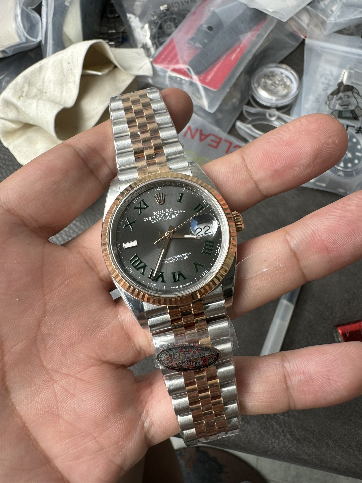 Clean Factory DateJust 36mm 126231 Wimbledon 904L Steel Grey Dial Green Roman Marker Two Tone Jubilee Bracelet SH3235 Movement 01 Clean Factory DateJust 36mm 126231 Wimbledon 904L Steel Grey Dial Green Roman Marker Two Tone Jubilee Bracelet SH3235 Movement 01