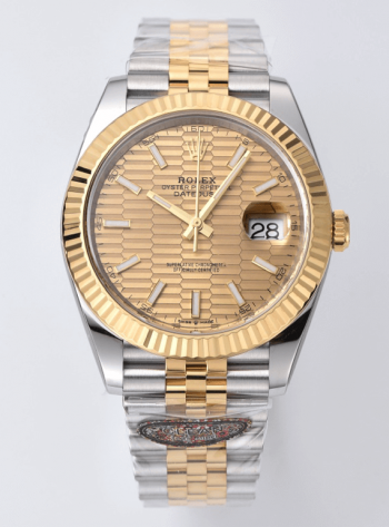 Clean Factory Datejust 126333 41mm Yellow Gold Fluted Textured Dial with Stick Markers Yellow Gold Bezel 3235 Movement Two Tone Jubilee Bracelet 00