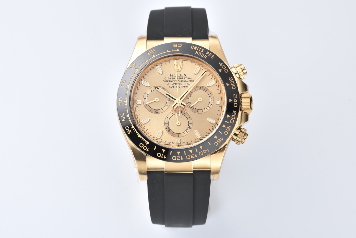 Clean Factory Rolex Daytona 116518LN 0042 Yellow Gold Dial and Case Black Ceramic Bezel Cal4130 Black Oyster Rubber Oysterflex Strap 01 Clean Factory Rolex Daytona 116518LN 0042 Yellow Gold Dial and Case Black Ceramic Bezel Cal4130 Black Oyster Rubber Oysterflex Strap 01