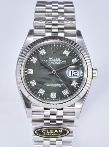 Clean Factory DateJust 36mm 126234 Green Palm motif Dial Diamond Hour Markers 904L Steel Material Jubilee Bracelet SH3235 Caliber 000