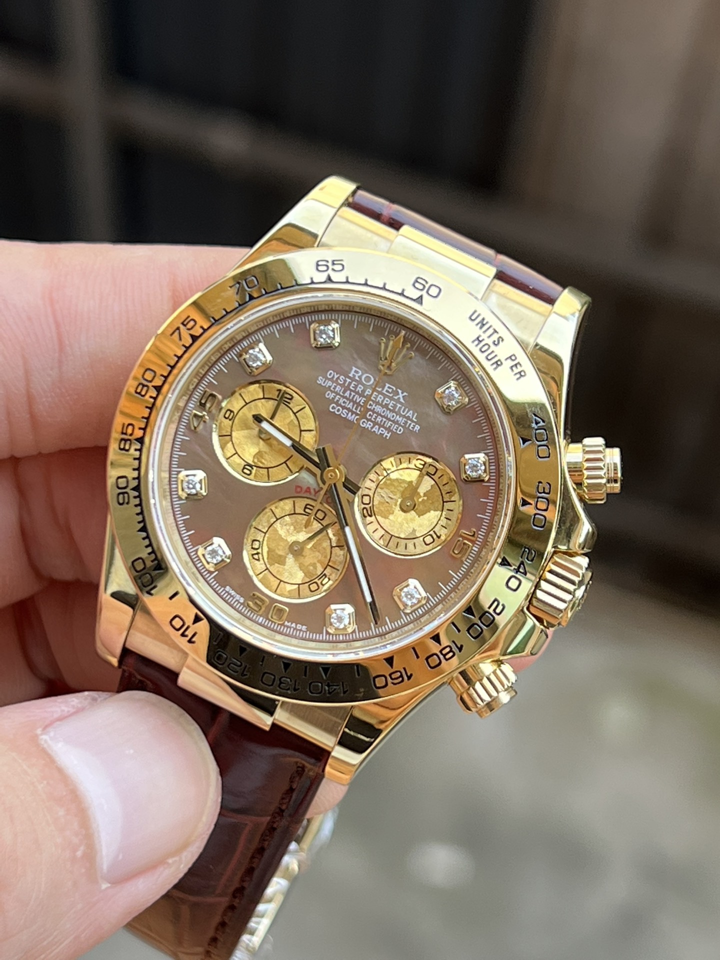 Clean Factory Daytona 116503 Black Mother of Pearl Dial Diamond Hour Markers Yellow Gold Bezel Alligator Strap DD4130 Caliber 02 Clean Factory Daytona 116503 Black Mother of Pearl Dial Diamond Hour Markers Yellow Gold Bezel Alligator Strap DD4130 Caliber 02
