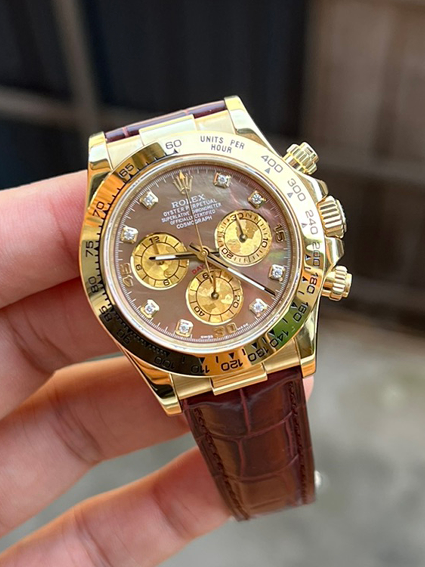 Clean Factory Daytona 116503 Black Mother of Pearl Dial Diamond Hour Markers Yellow Gold Bezel Alligator Strap DD4130 Caliber 03 Clean Factory Daytona 116503 Black Mother of Pearl Dial Diamond Hour Markers Yellow Gold Bezel Alligator Strap DD4130 Caliber 03