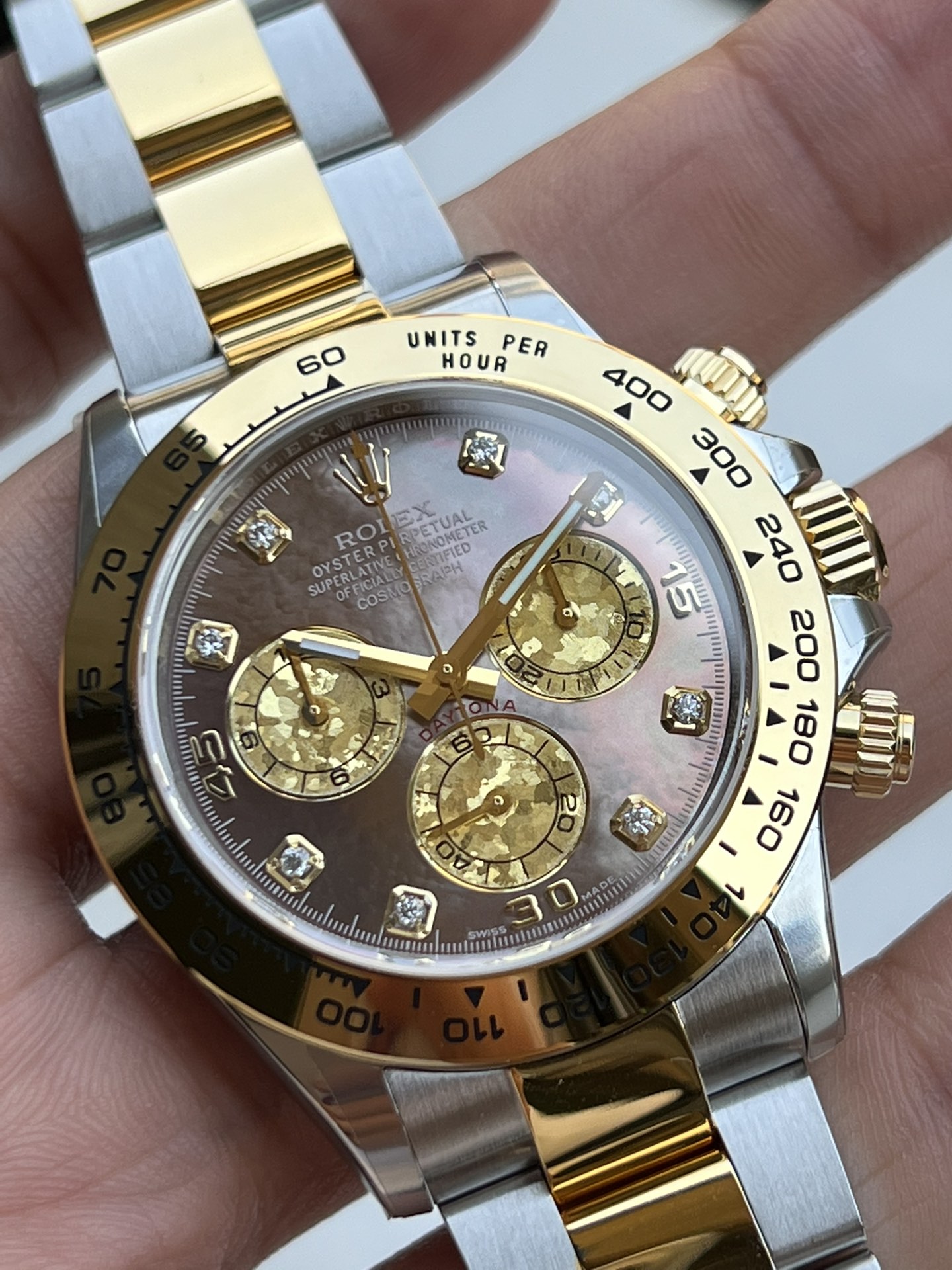 Clean Factory Daytona 116503 Black Mother of Pearl Dial Diamond Hour Markers Yellow Gold Bezel Two Tone Bracelet DD4130 Movement 01 Clean Factory Daytona 116503 Black Mother of Pearl Dial Diamond Hour Markers Yellow Gold Bezel Two Tone Bracelet DD4130 Movement 01