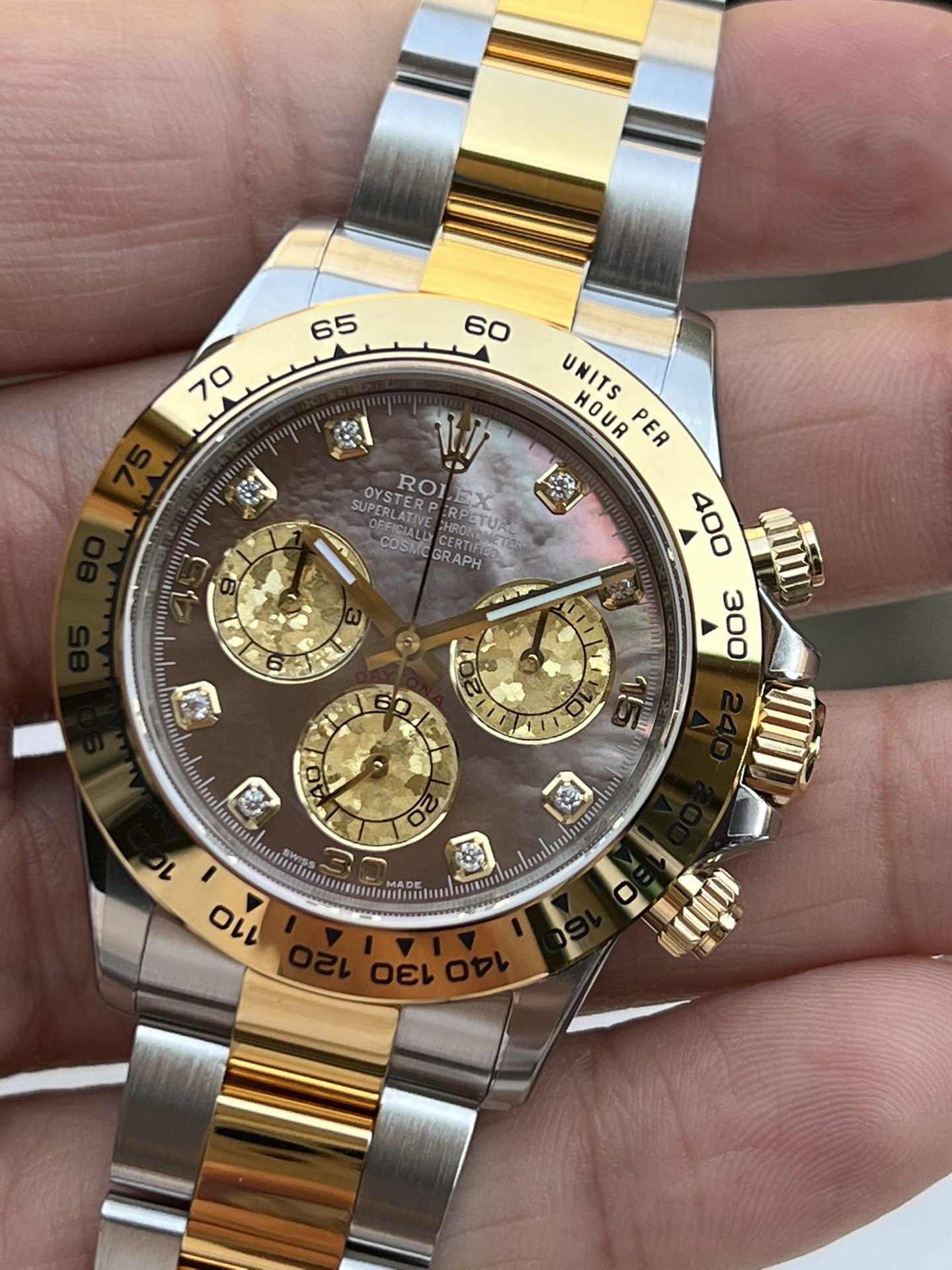Clean Factory Daytona 116503 Black Mother of Pearl Dial Diamond Hour Markers Yellow Gold Bezel Two Tone Bracelet DD4130 Movement 03 Clean Factory Daytona 116503 Black Mother of Pearl Dial Diamond Hour Markers Yellow Gold Bezel Two Tone Bracelet DD4130 Movement 03