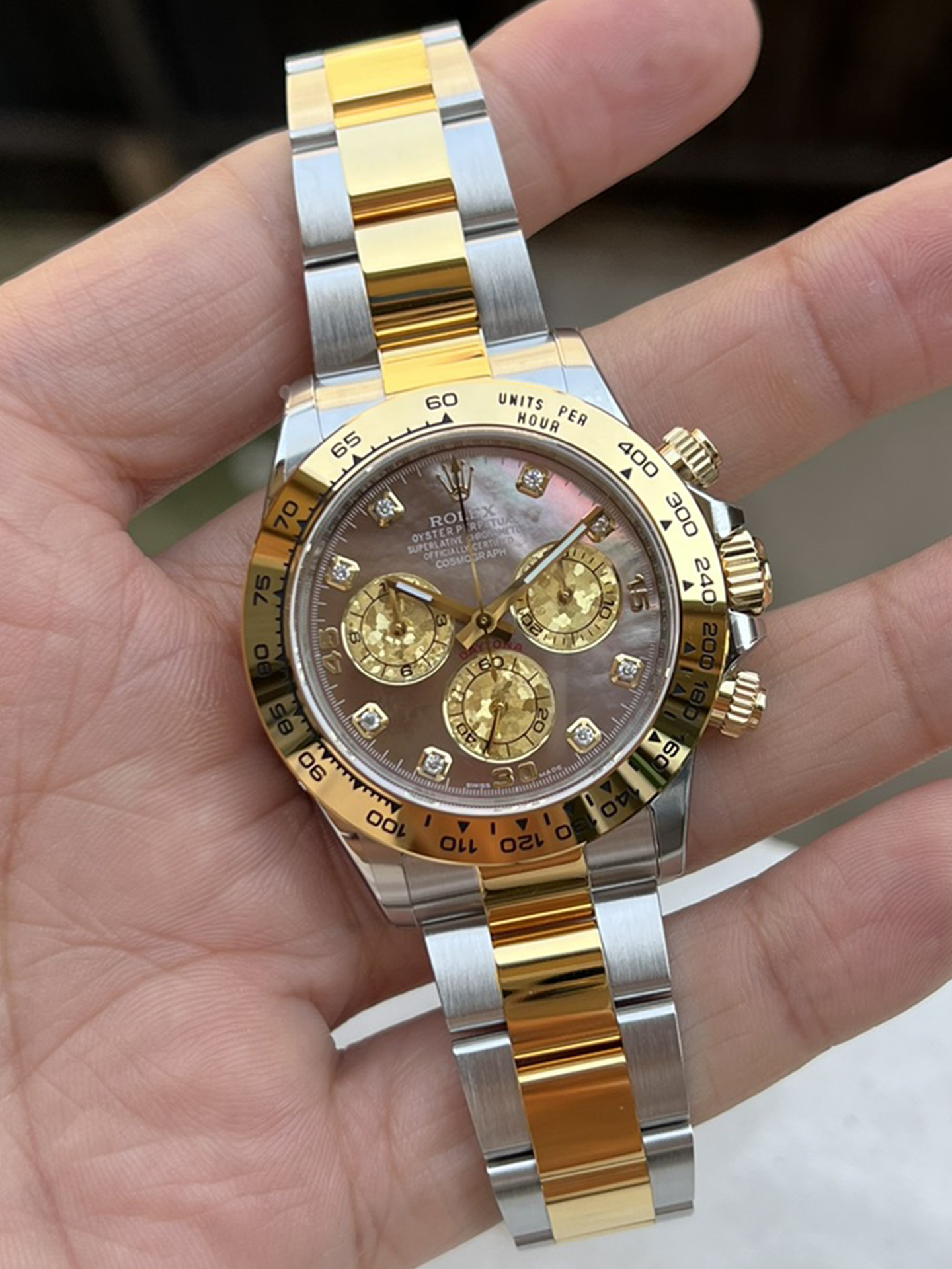 Clean Factory Daytona 116503 Black Mother of Pearl Dial Diamond Hour Markers Yellow Gold Bezel Two Tone Bracelet DD4130 Movement 04 Clean Factory Daytona 116503 Black Mother of Pearl Dial Diamond Hour Markers Yellow Gold Bezel Two Tone Bracelet DD4130 Movement 04