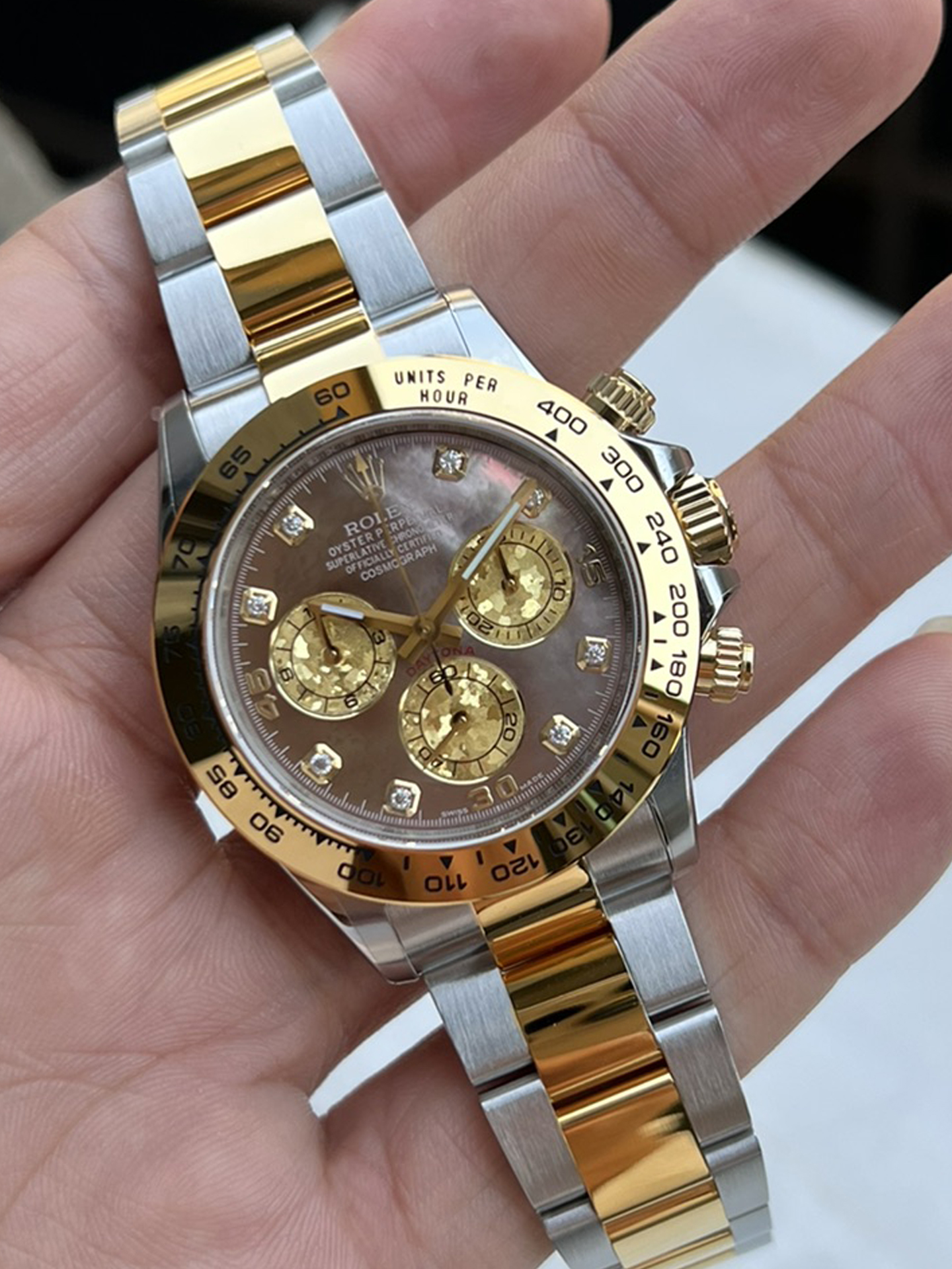 Clean Factory Daytona 116503 Black Mother of Pearl Dial Diamond Hour Markers Yellow Gold Bezel Two Tone Bracelet DD4130 Movement 05 Clean Factory Daytona 116503 Black Mother of Pearl Dial Diamond Hour Markers Yellow Gold Bezel Two Tone Bracelet DD4130 Movement 05