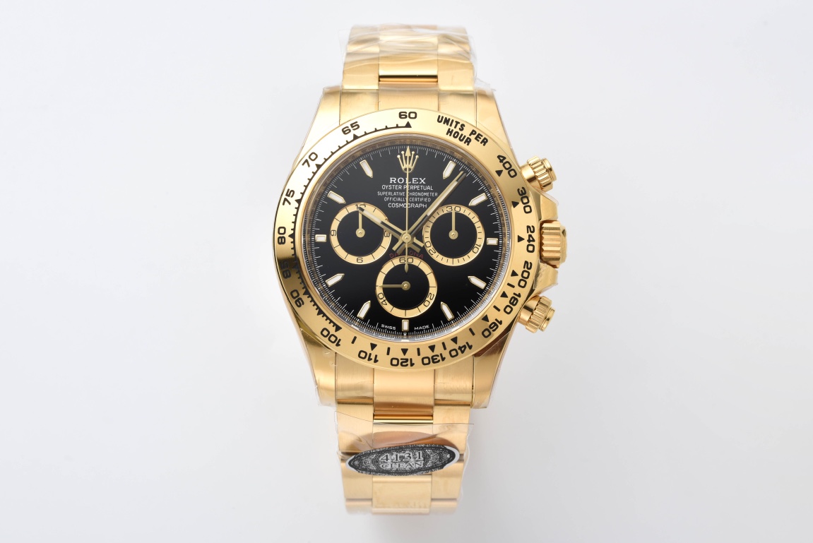 Clean Factory Daytona 126508 Black Dial with Gold Counter Ring Luminous Hour Markers 18K Yellow Gold Plated Band 4131 Movement 01 Clean Factory Daytona 126508 Black Dial with Gold Counter Ring Luminous Hour Markers 18K Yellow Gold Plated Band 4131 Movement 01