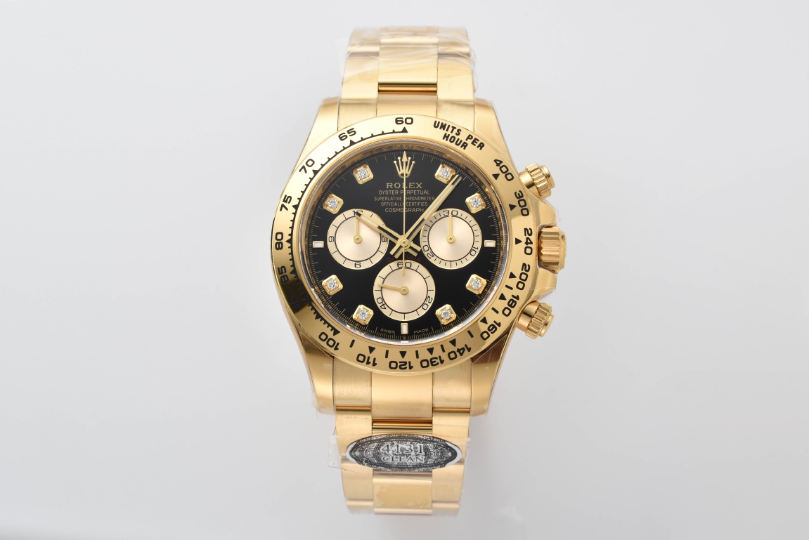 Victory Factory Daytona 126508 Black Dial with Yellow Gold Counter Dial Diamonds Hour Markers 18K Yellow Gold Plated Band 4131 Movement 01 Clean Factory Daytona 126508 Black Dial with Yellow Gold Counter Dial Diamonds Hour Markers 18K Yellow Gold Plated Band 4131 Movement 01