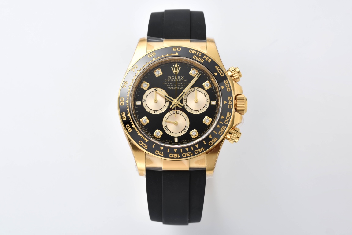 Clean Factory Daytona M126518LN 0006 Yellow Gold Case Black Dial Diamond Hour Markers Gold Counter Rings Oysterflex Strap 4131 Movement 01 Clean Factory Daytona M126518LN 0006 Yellow Gold Case Black Dial Diamond Hour Markers Gold Counter Rings Oysterflex Strap 4131 Movement 01