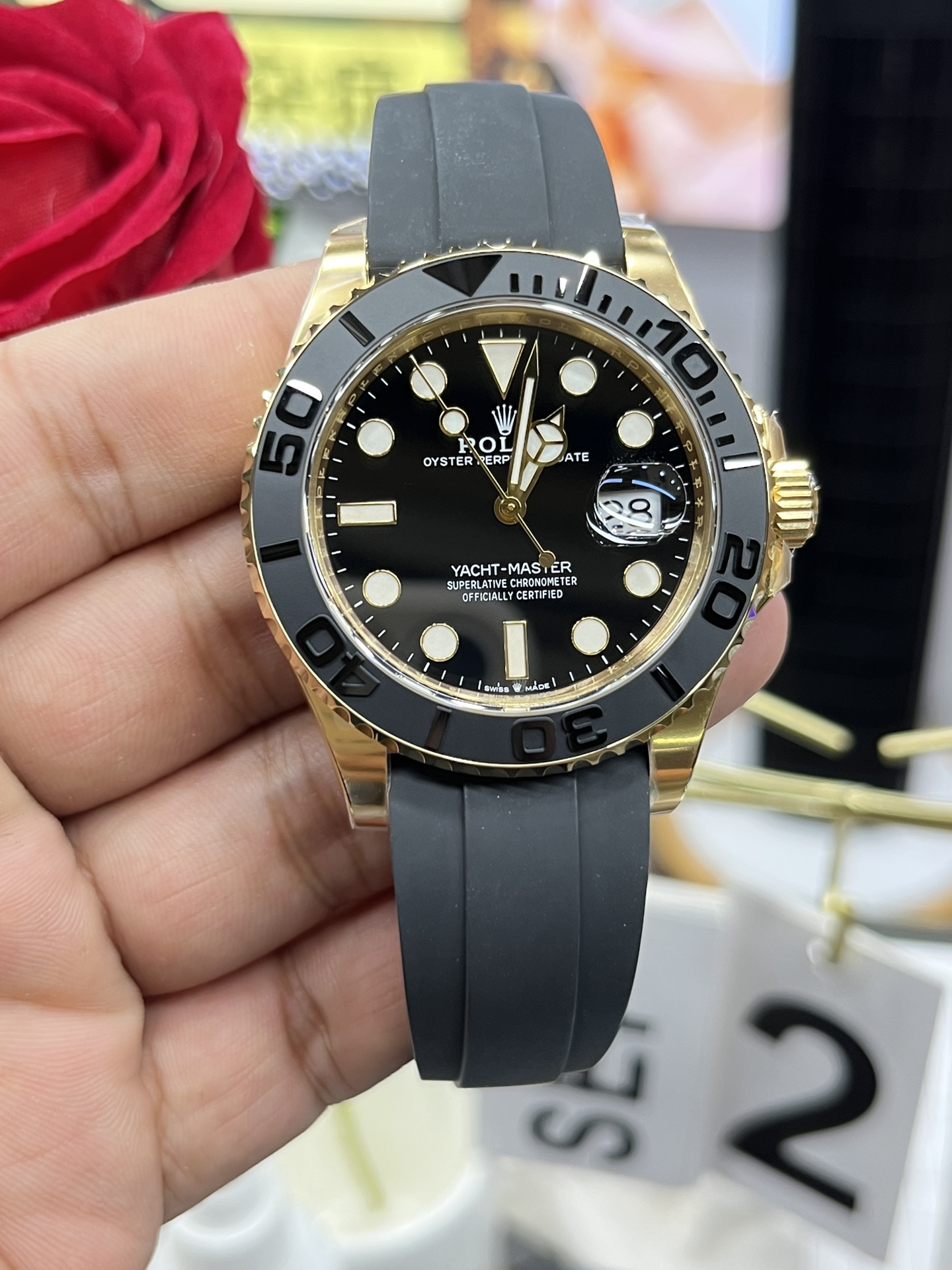Clean Factory Yacht Master 42mm 226658 Yellow Gold Case 3D Black Ceramic Bezel Oysterflex Strap SuerClone 3235 Movement 01