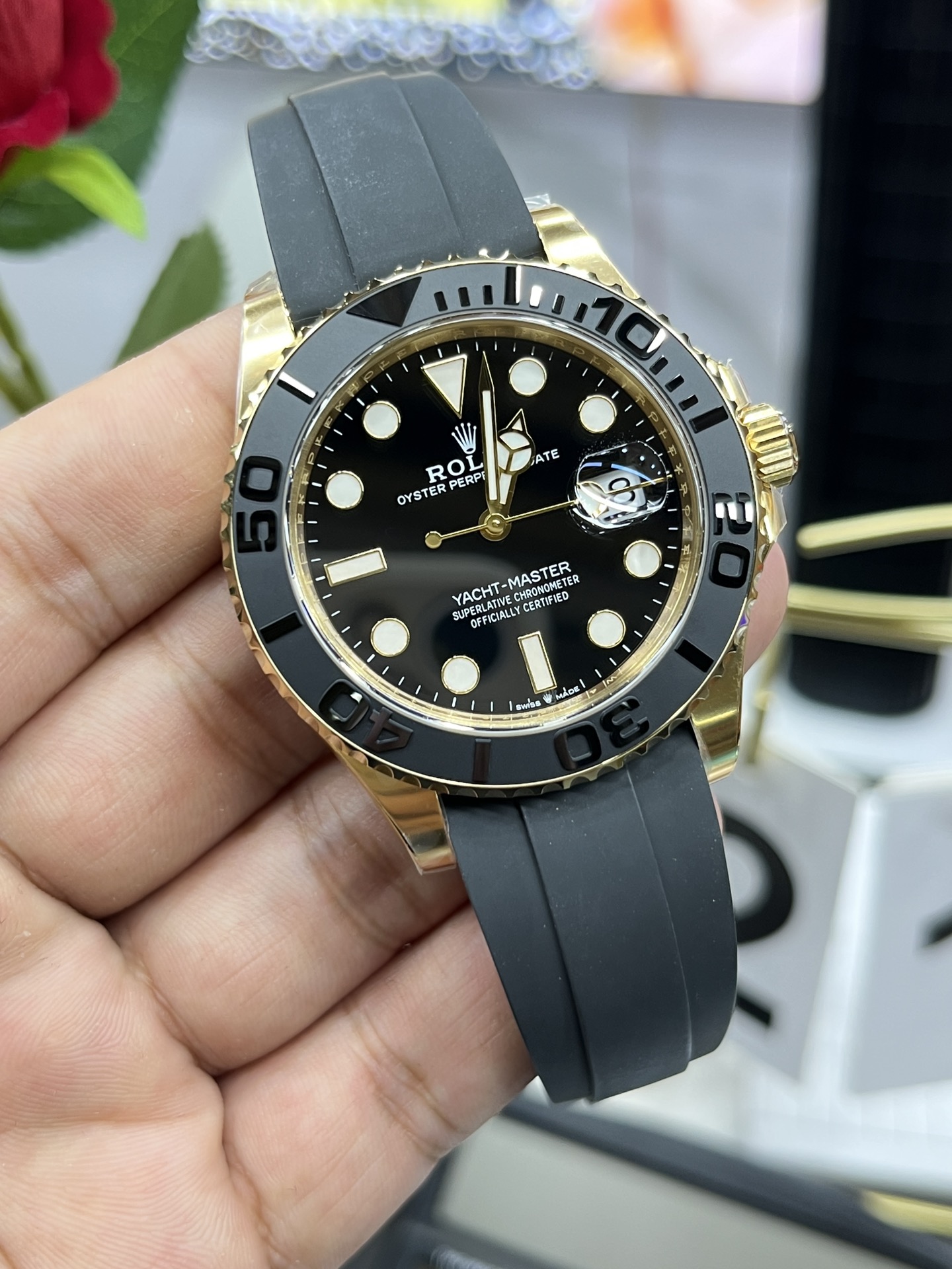 Clean Factory Yacht Master 42mm 226658 Yellow Gold Case 3D Black Ceramic Bezel Oysterflex Strap SuerClone 3235 Movement 03