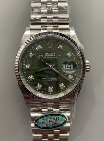 Clean Factory DateJust 36mm 126234 Green Palm motif Dial with Diamond Hors Markers 904L Steel on Jubilee Bracelet SH3235 Movement 00