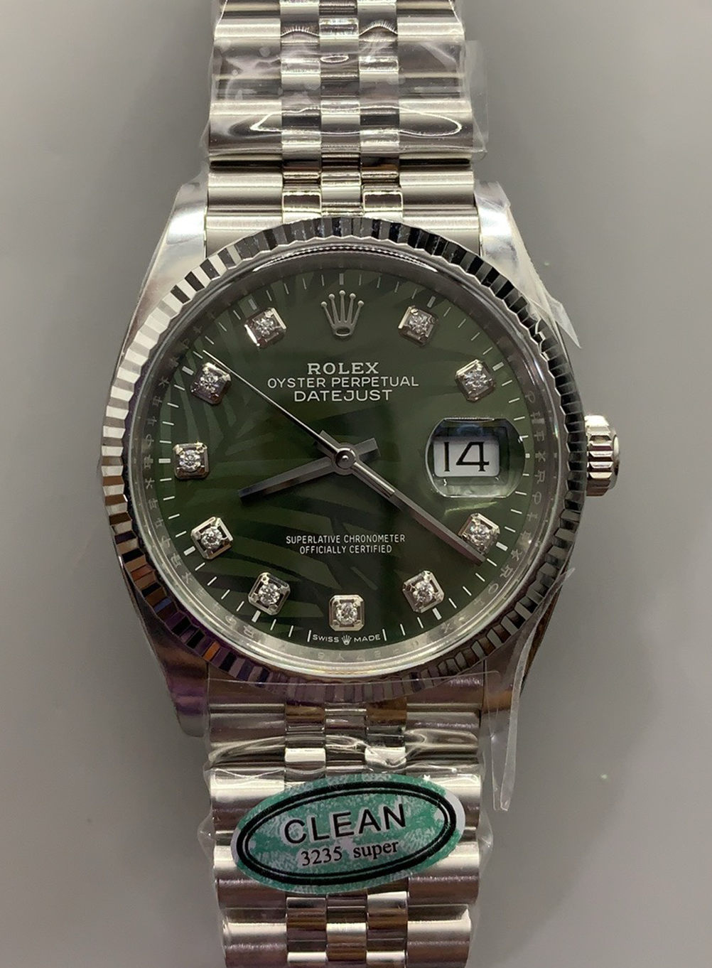 Victory Factory DateJust 36mm 126234 Green Palm motif Dial with Diamond Hors Markers 904L Steel on Jubilee Bracelet SH3235 Movement 00 Clean Factory DateJust 36mm 126234 Green Palm motif Dial with Diamond Hors Markers 904L Steel on Jubilee Bracelet SH3235 Movement 00