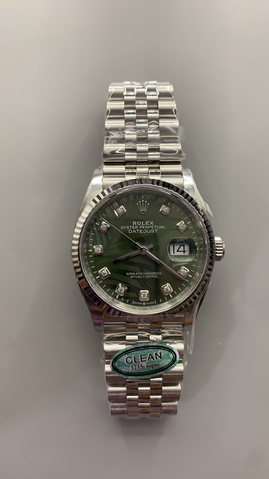 Victory Factory DateJust 36mm 126234 Green Palm motif Dial with Diamond Hors Markers 904L Steel on Jubilee Bracelet SH3235 Movement 01 Clean Factory DateJust 36mm 126234 Green Palm motif Dial with Diamond Hors Markers 904L Steel on Jubilee Bracelet SH3235 Movement 01