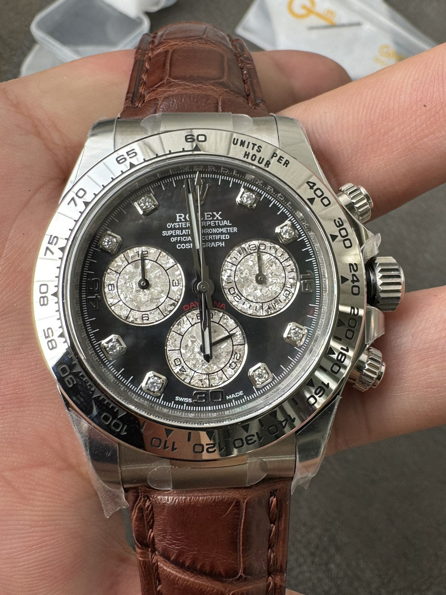 Clean Factory Daytona 116519 Tahitian MOP Dial with Diamonds Markers DD 4130 Movement Alligator Leather Strap 000 Clean Factory Daytona 116519 Tahitian MOP Dial with Diamonds Markers DD 4130 Movement Alligator Leather Strap 000