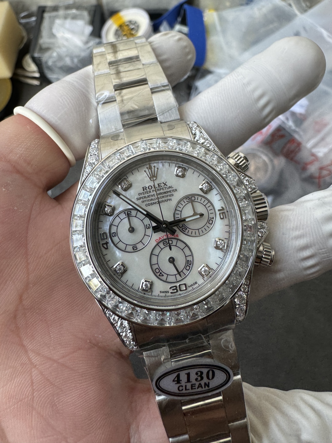 Premium Customized Daytona 116589 MOP Dial Diamonds Hour Markers Diamonds Case and Bezel Based on Clean Factory DD4130 Movement 02 Premium Customized Daytona 116589 MOP Dial Diamonds Hour Markers Diamonds Case and Bezel Based on Clean Factory DD4130 Movement 02