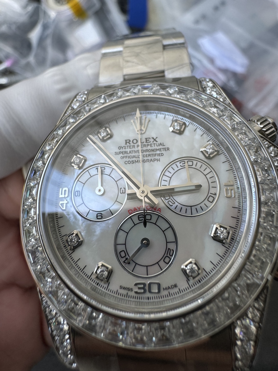 Premium Customized Daytona 116589 MOP Dial Diamonds Hour Markers Diamonds Case and Bezel Based on Clean Factory DD4130 Movement 06 Premium Customized Daytona 116589 MOP Dial Diamonds Hour Markers Diamonds Case and Bezel Based on Clean Factory DD4130 Movement 06