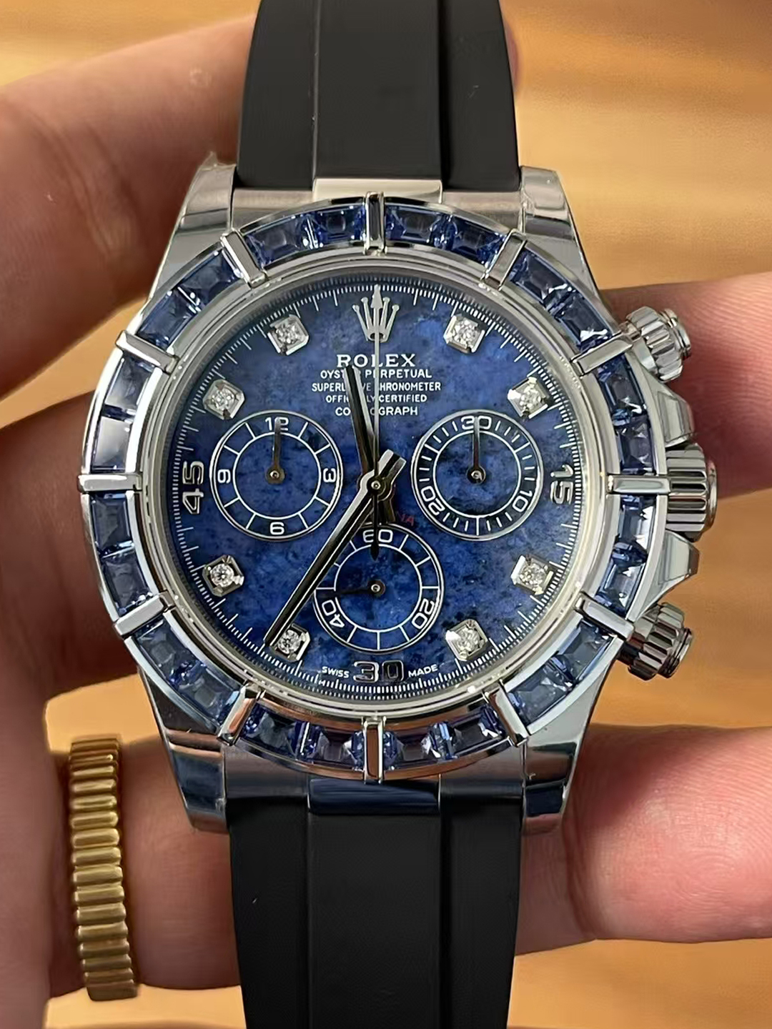 Premium Customized Rolex Daytona 116519 Sodalite Dial and Bezel Diamonds Indexes Based on Clean Factory Daytona DD4130 Movement Oysterflex Strap 00 Premium Customized Rolex Daytona 116519 Sodalite Dial and Bezel Diamonds Indexes Based on Clean Factory Daytona DD4130 Movement Oysterflex Strap 00