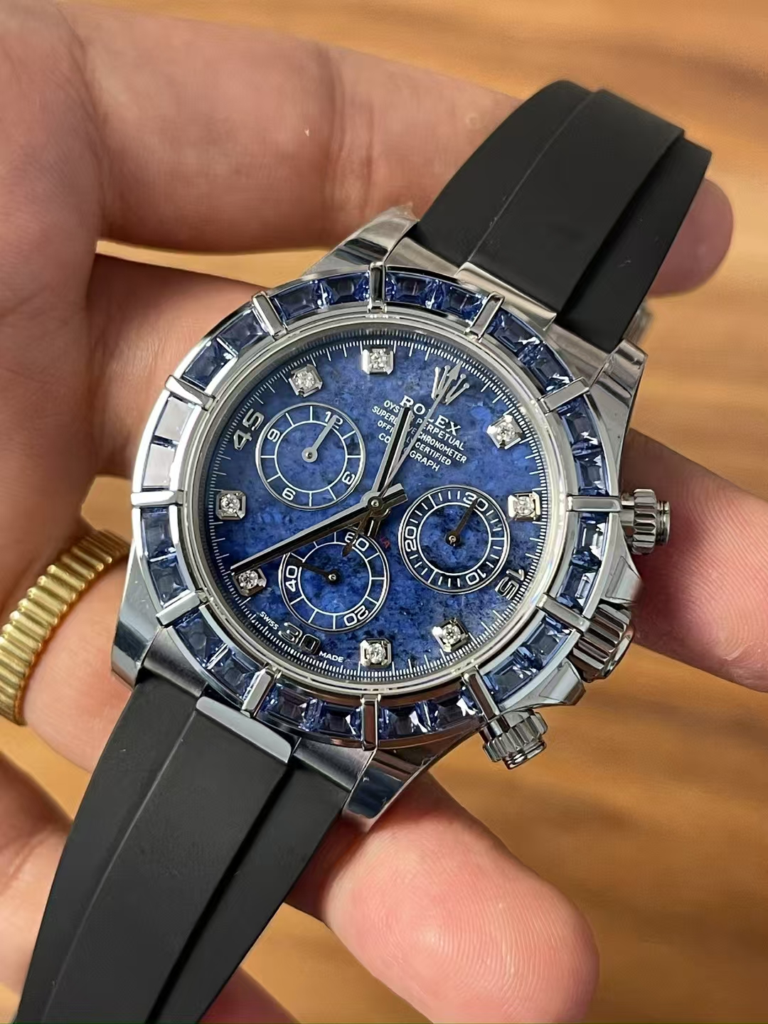 Premium Customized Rolex Daytona 116519 Sodalite Dial and Bezel Diamonds Indexes Based on Clean Factory Daytona DD4130 Movement Oysterflex Strap 03 Premium Customized Rolex Daytona 116519 Sodalite Dial and Bezel Diamonds Indexes Based on Clean Factory Daytona DD4130 Movement Oysterflex Strap 03
