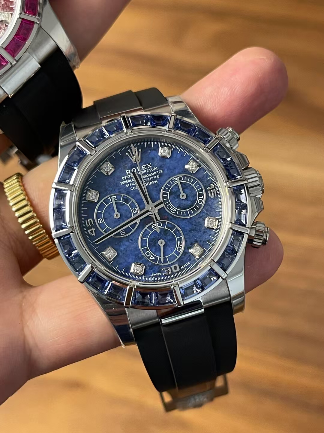 Premium Customized Rolex Daytona 116519 Sodalite Dial and Bezel Diamonds Indexes Based on Clean Factory Daytona DD4130 Movement Oysterflex Strap 04 Premium Customized Rolex Daytona 116519 Sodalite Dial and Bezel Diamonds Indexes Based on Clean Factory Daytona DD4130 Movement Oysterflex Strap 04
