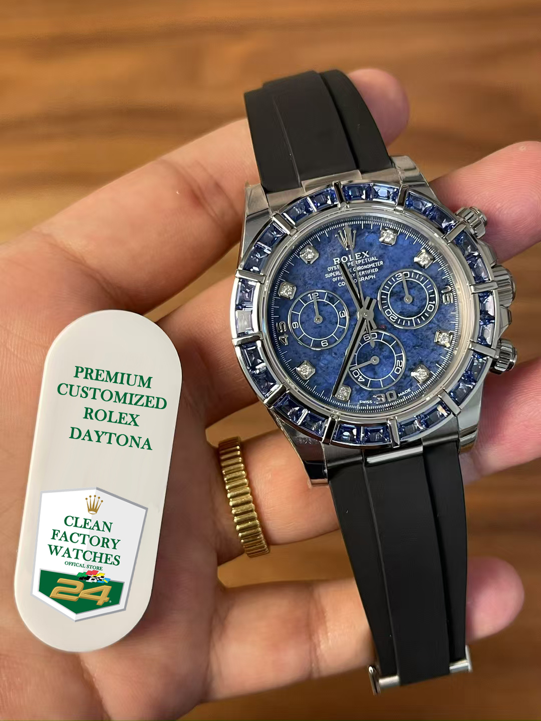 Premium Customized Rolex Daytona 116519 Sodalite Dial and Bezel Diamonds Indexes Based on Clean Factory Daytona DD4130 Movement Oysterflex Strap 05 Premium Customized Rolex Daytona 116519 Sodalite Dial and Bezel Diamonds Indexes Based on Clean Factory Daytona DD4130 Movement Oysterflex Strap 05